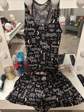 Medium women’s Sleep Tank & Shorts Set - Black with Pastel Sleep Print